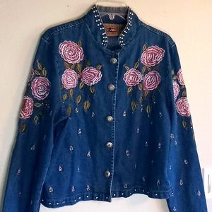VINTAGE Don't Mess With Texas Jean Jacket with Pink embroidered Roses, Size M
